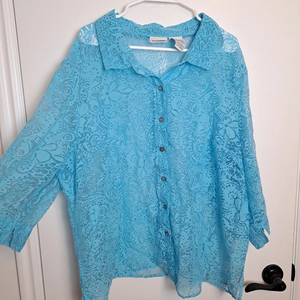 Vintage White Stag Blue Lacey Sheer Fairy Floral Button Up Blouse Size 22W/24W